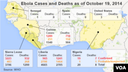Случаи заболлевания и число жертв, скончавшихся от лихорадки Эбола в Западной Африке, на 19 октября 2014 г.